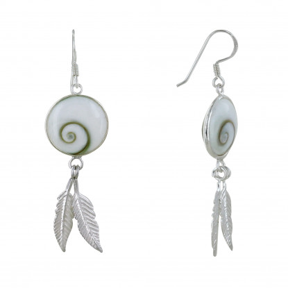 Boucles d'Oreilles Argent Oeil de Sainte Lucie et Deux Petites Plumes
