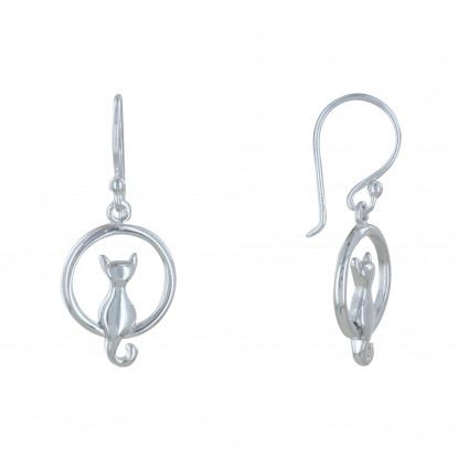 Boucles d'Oreilles Argent Anneau et Silhouette de Chat