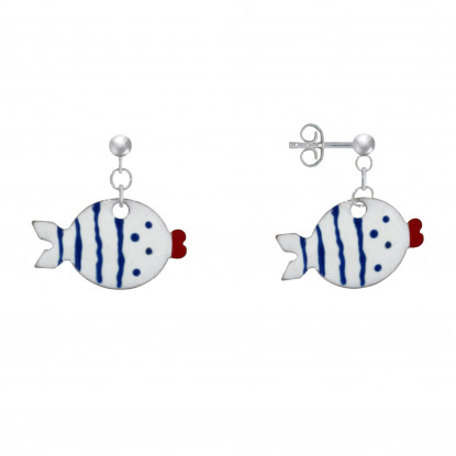 Boucles d'Oreilles Argent Petit Poisson à Pois et Lignes Emaillée