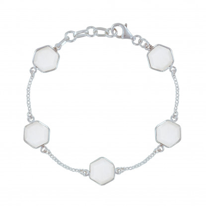 PHOTO A VE Bracelet Argent Cinq Hexagones d'Agate Blanche Facetté