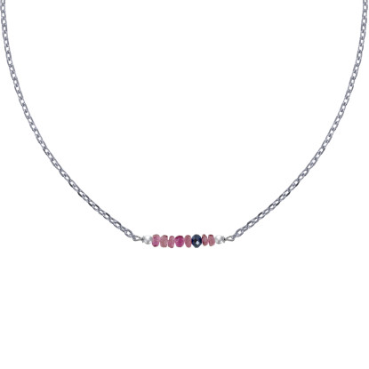 Collier Chaine Argent Rhodié Sept Perles Facettées de Tourmaline Rose et Un Diamant Noir Facettée