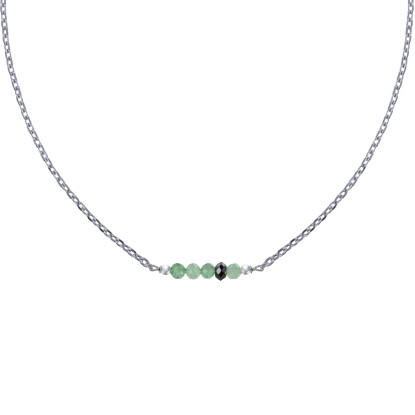 Collier Chaine Argent Rhodié Quatre Perles Facettées d'Aventurine et Un Diamant Noir Facettée