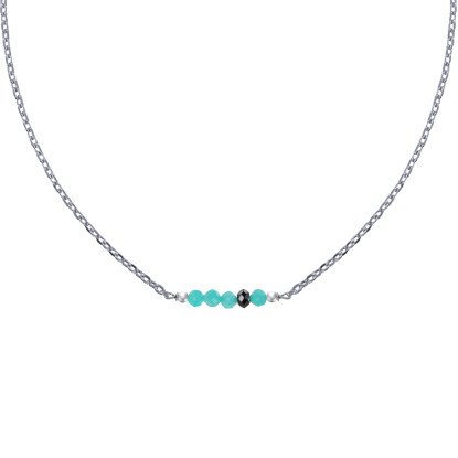 Collier Chaine Argent Rhodié Quatre Perles Facettées d'Amazonite et Un Diamant Noir Facettée