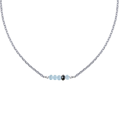 Collier Chaine Argent Rhodié Quatre Perles Facettées de Topaze et Un Diamant Noir Facettée