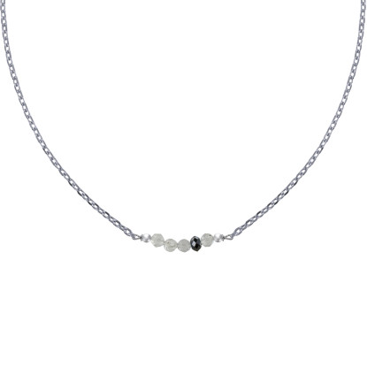 Collier Chaine Argent Rhodié Quatre Perles Facettées de Labradorite et Un Diamant Noir Facettée