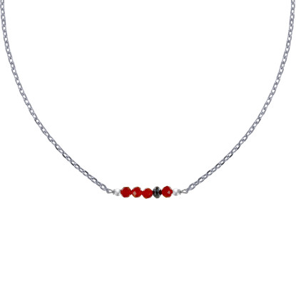 Collier Chaine Argent Rhodié Quatre Perles Facettées de Cornaline et Un Diamant Noir Facettée