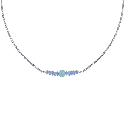 Collier Chaine Argent Rhodié Perles Facettées de Tanzanite et Une Perle de Larimar