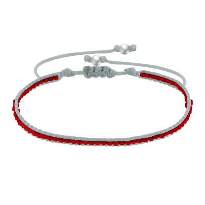 PHOTO Bracelet Perles Rouges Lien Tréssé Gris Clair