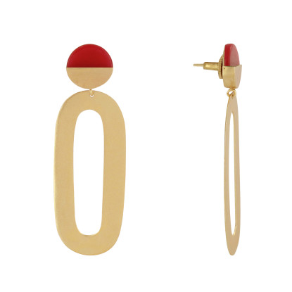 Boucles d'Oreilles Laiton Doré Petit Disque Coloré et Grand Ovale Ajouré