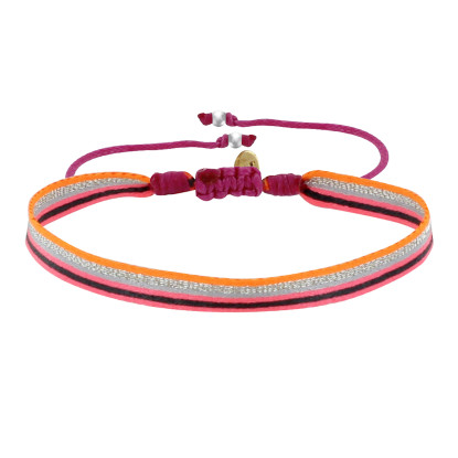 Bracelet Lien Tissé Bandes Rose Argenté et Orange