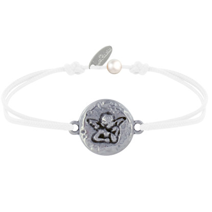 Bracelet Lien Médaille Ronde Martelée Laiton Argenté Ange Raphaël