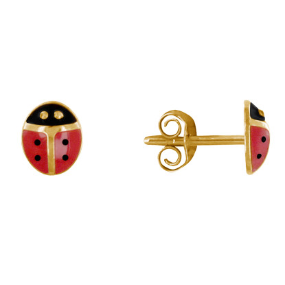 Boucles d'Oreilles Clous Plaqué Or Coccinelle Rouge et Noire