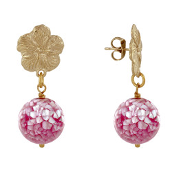 Boucles d'Oreilles Clous Métal Doré Fleur et Perle de Nacre Facettée
