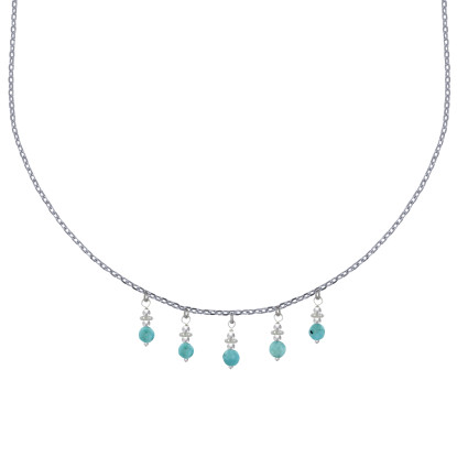 Collier Chaine Argent Breloques Cinq Perles de Larimar Facettées Anneaux et Perles Argent