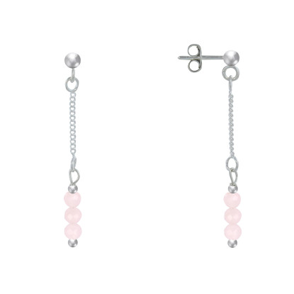 Boucles d'Oreilles Argent Chainette 3 Perles Facettées de Quartz Rose