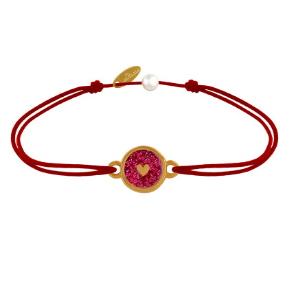 Bracelet Lien Médaille Laiton Doré Ronde Coeur Emaillée Rouge Pailletée