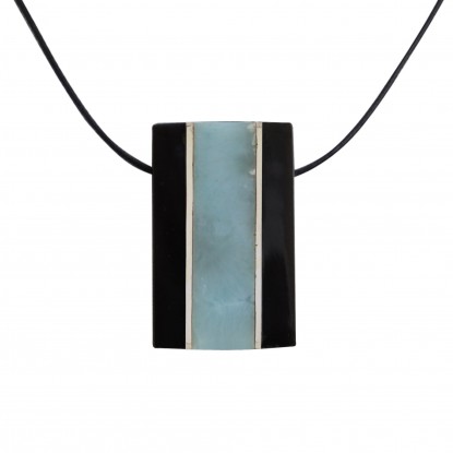 Collier Homme Cordon Noir Rectangle Corne Noir et Larimar