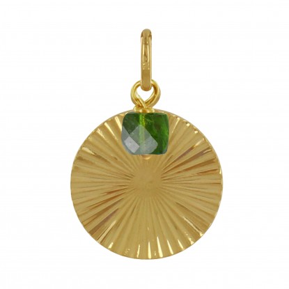 Pendentif Plaqué Or Pastille Striée et Petit Cube de Diopside