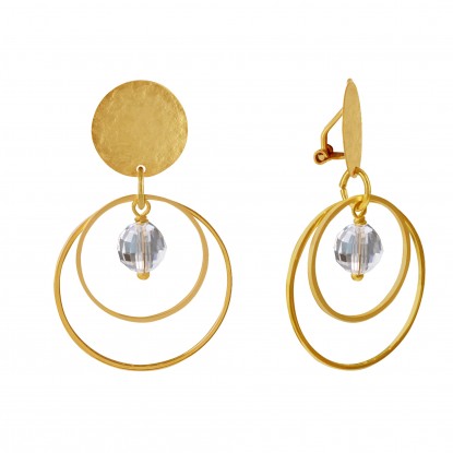 Boucles d'Oreilles Clip Laiton Mat Pastille Brossée Deux Anneaux et Perle Facettée 