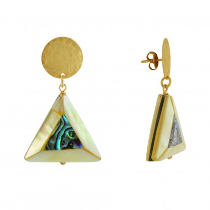 Boucles d'Oreilles Clous Laiton Mat Pastille Brossée Triangle en Nacre et Nacre Abalone