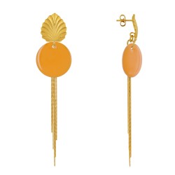 Boucles d'Oreilles Clous Laiton Feuille Pastille Émaillée et Fils Pendants