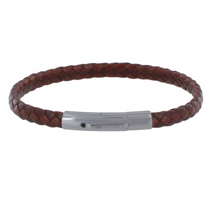 Bracelet Homme Cuir Tréssé Plat Bicolore Marron Foncé