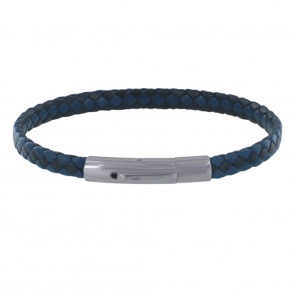 Bracelet Homme Cuir Tréssé Plat Bicolore Bleu Navy et Noir