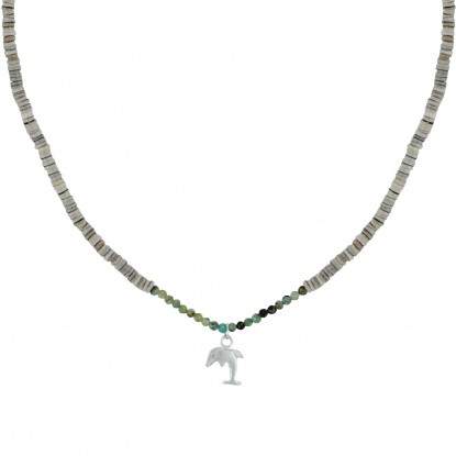 Collier ou Bracelet Elastique Dauphin Argent Perles Facettées de Turquoise Anneaux en Coquillage