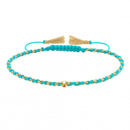 Bracelet Lien Tréssé Rond Bicolore Lurex Doré et Une Perle Or 14 Carats