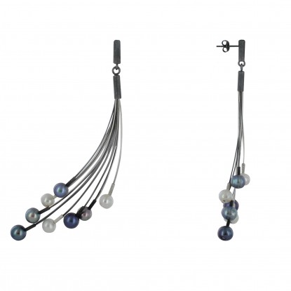 V Boucles d'Oreilles Argent Eventail de Perles Grises et Blanches