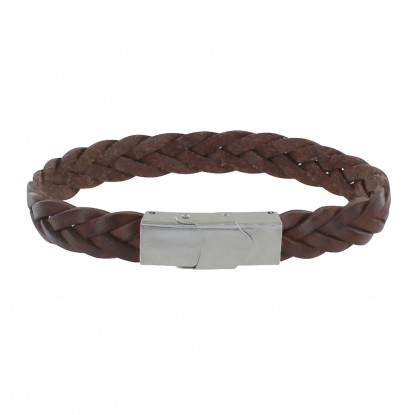 Bracelet Homme Cuir Marron Foncé Tréssé Plat Fermoir Acier Inoxydable
