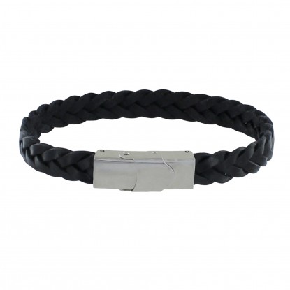 Bracelet Enfant Cuir Noir Tréssé Plat Fermoir Acier Inoxydable