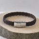 Bracelet Homme Cuir Marron Foncé Tréssé Plat Fermoir Acier Inoxydable