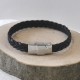 Bracelet Enfant Cuir Noir Tréssé Plat Fermoir Acier Inoxydable