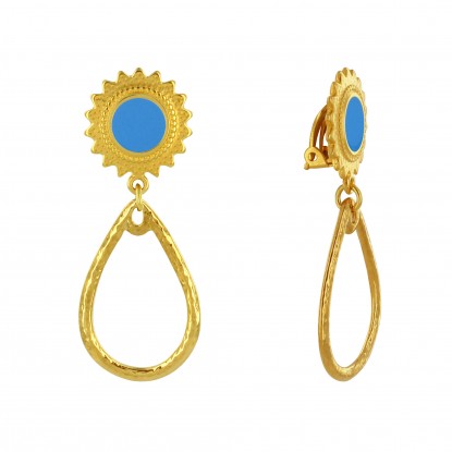 Boucles d'Oreilles Clips Laiton Soleil Émaillé et Goutte Martelée 