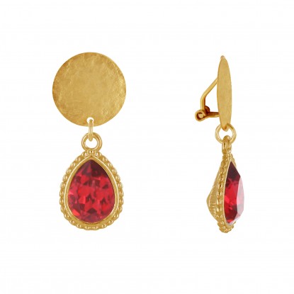 Boucles d'Oreilles Clips Laiton Doré Pastille Brossé et Goutte Cristal