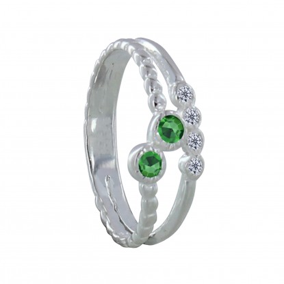 Bague Argent Double 2 Strass Vert et 4 Petits Strass Cristal