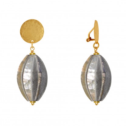 Boucles d'Oreilles Clips Laiton Doré Pastille Brossée et Cabosse Bois Nacre