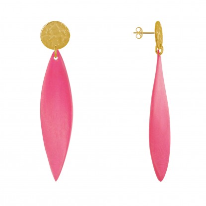 Boucles d'Oreilles Clous Métal Doré Cercle et Longue Pétale en Bois