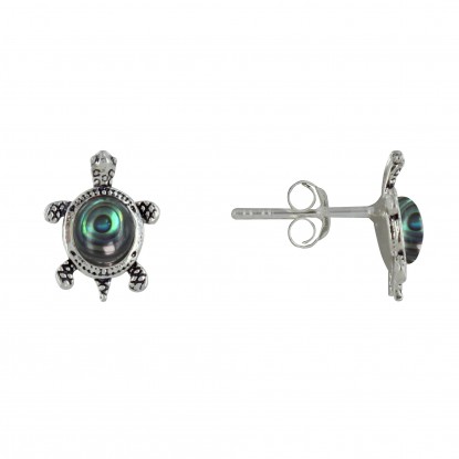 Boucles d'Oreilles Argent Tortue des Galapagos et Bouton en Nacre Abalone