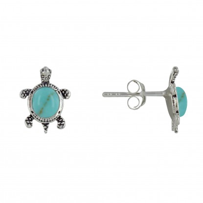 Boucles d'Oreilles Argent Tortue des Galapagos et Bouton en Turquoise
