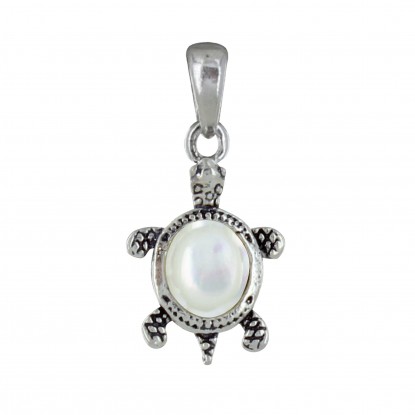 Pendentif Argent Tortue des Galapagos et Bouton en Nacre Ivoire