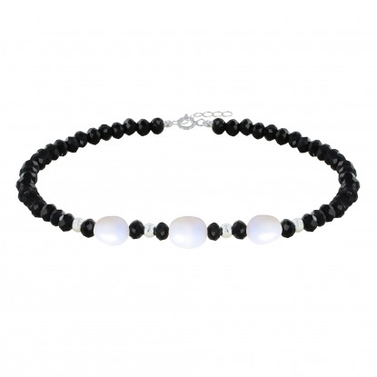 Bracelet Argent 925 3 Perles de Culture Blanches et Perles Facettées d'Onyx Noir