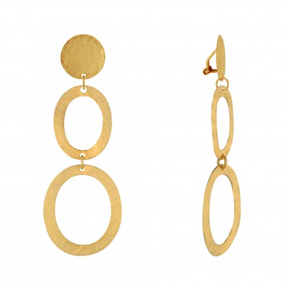 Boucles d'Oreilles Clip Laiton Pastille et Deux Anneaux Ajourés Brossés