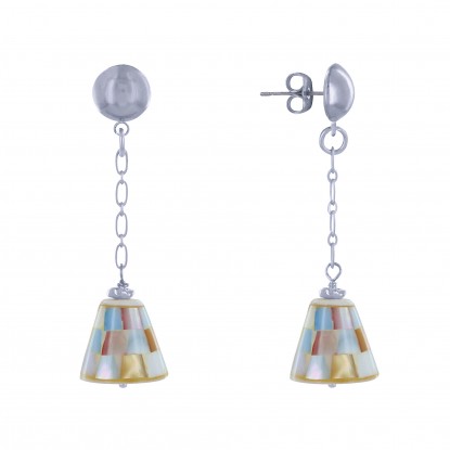 Boucles d'Oreilles Clous Laiton Chainette et Cône en Nacre Facetté Multicolore