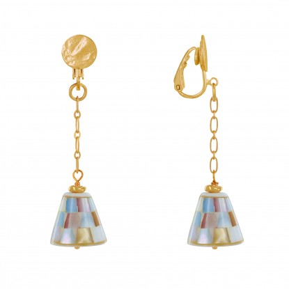 Boucles d'Oreilles Clips Laiton Chainette et Cône en Nacre Facettée Multicolore