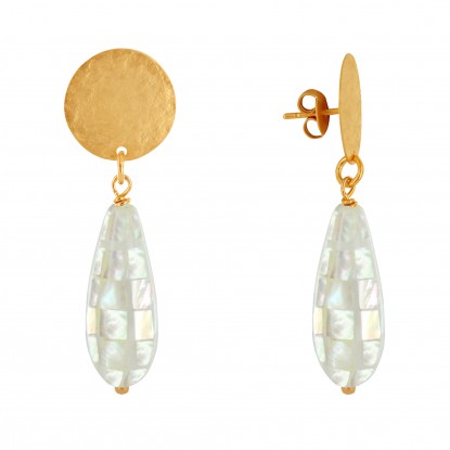 Boucles d'Oreilles Clous Laiton Doré Pastille Brossée et Goutte de Nacre Facettée