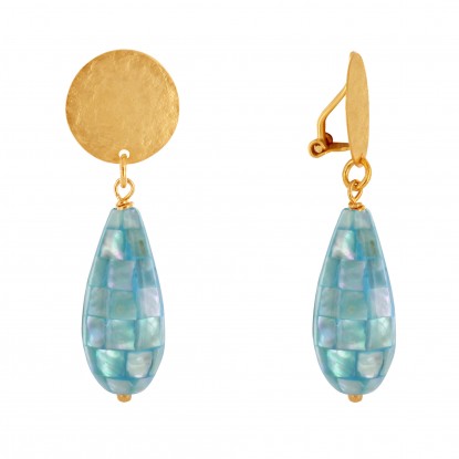 Boucles d'Oreilles Clips Laiton Doré Pastille Brossée et Goutte de Nacre Facettée
