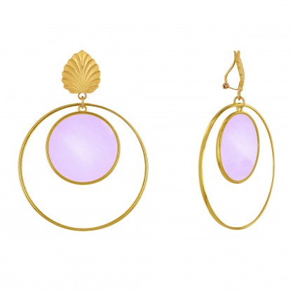 Boucles d'Oreilles Clips Laiton Feuille Cercle Coloré Translucide et Anneau