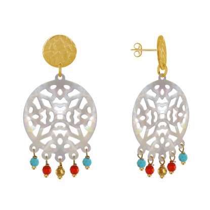 Boucles d'Oreilles Clous Métal Doré Disque de Nacre Ajouré et Perles Facettées